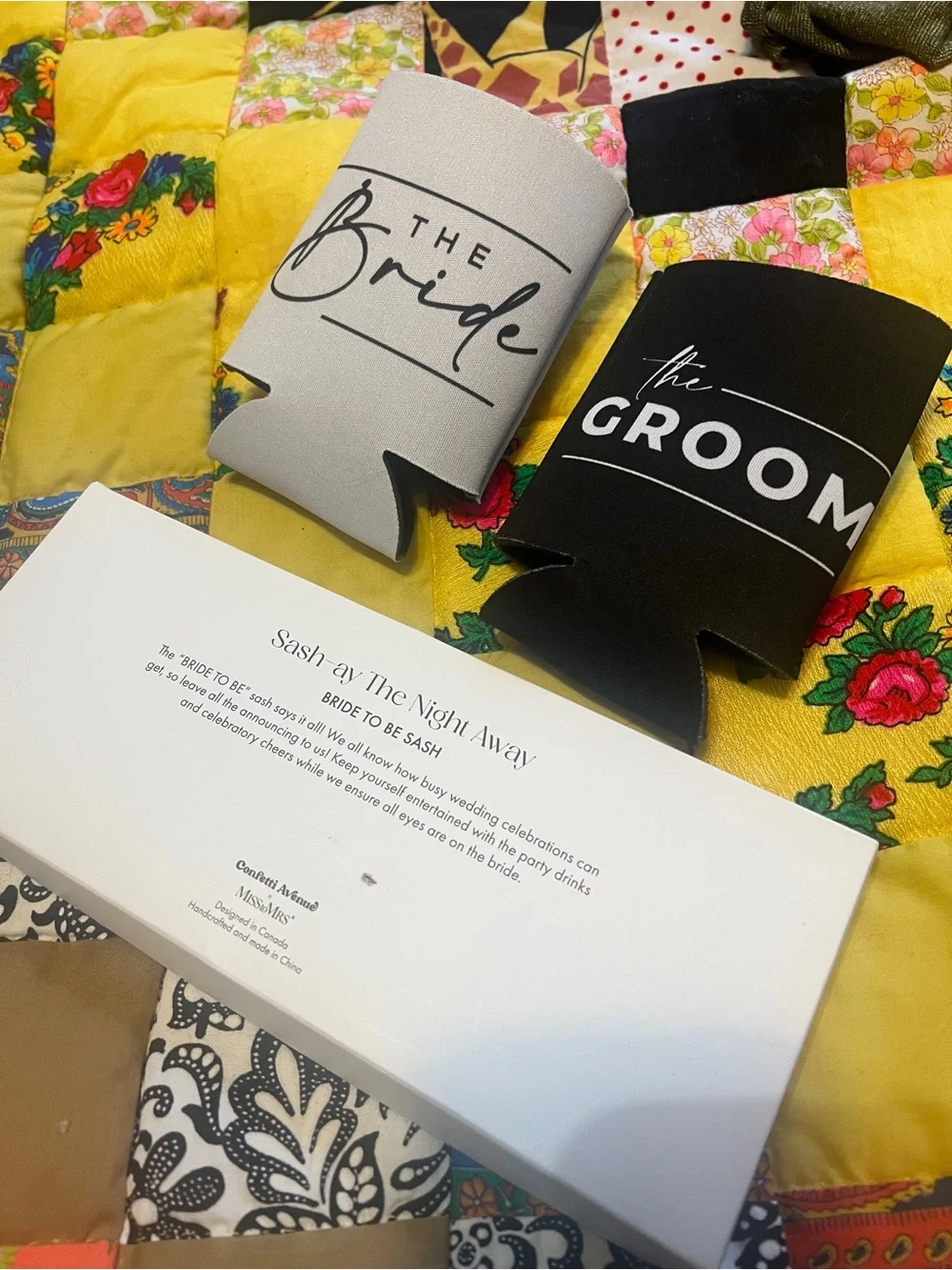 Bride and Groom Can Cooler Set - Bride to be sash White and Black